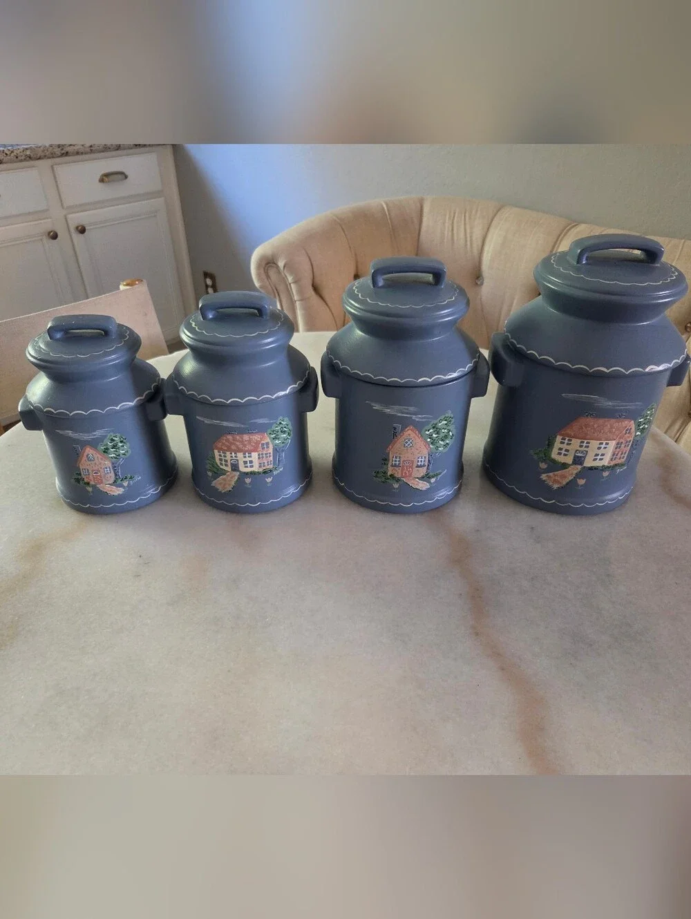 Vintage Blue Milk Jug Hand-Painted Canister Set with Cottagecore Motif, Set Of 4